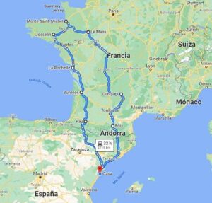 Mapa con la ruta del viaje por Francia en coche